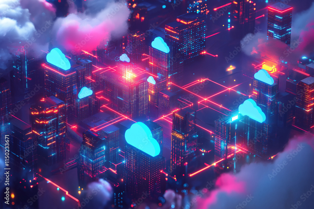 Poster futuristic network of cloud computing and blockchain technology - a vibrant 3d polygonal illustratio