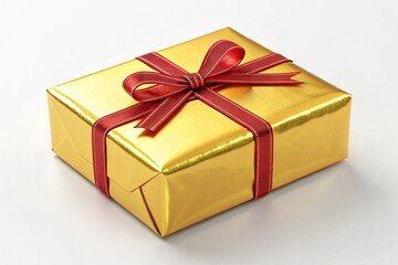Obraz premium 3d gift box shining yellow gift box with ribbon, white background.