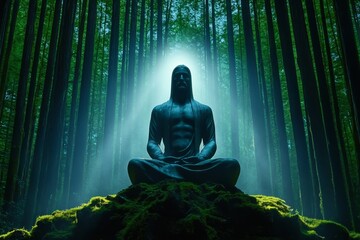 A towering god-like statue standing in the middle of a misty forest, with sunlight streaming through the trees and illuminating the figure