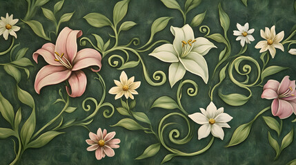 Romantic garden-inspired wallpaper featuring hand-painted lilies and daisies surrounded by curling green vines