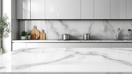 White stone marble table top with kitchen interior background. Empty copy space for text or display product