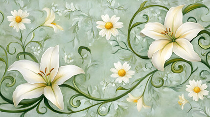 Romantic garden-inspired wallpaper featuring hand-painted lilies and daisies surrounded by curling green vines