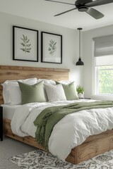 Modern Bedroom Design Featuring a Natural Wood Bed and Green Accents in a Serene Space With Botanical Artwork