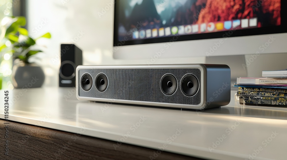 Poster elevate your home office experience with innovative audio control device modern technology close-up 