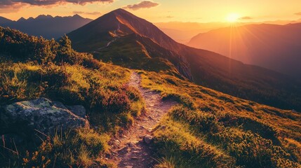 Breathtaking mountain trail at sunrise scenic landscape photography outdoor adventure vibrant nature captivating viewpoint