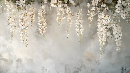Timeless wallpaper of cascading wisteria vines adorned with delicate petals draping gracefully over a faded gray base