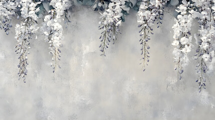 Timeless wallpaper of cascading wisteria vines adorned with delicate petals draping gracefully over a faded gray base