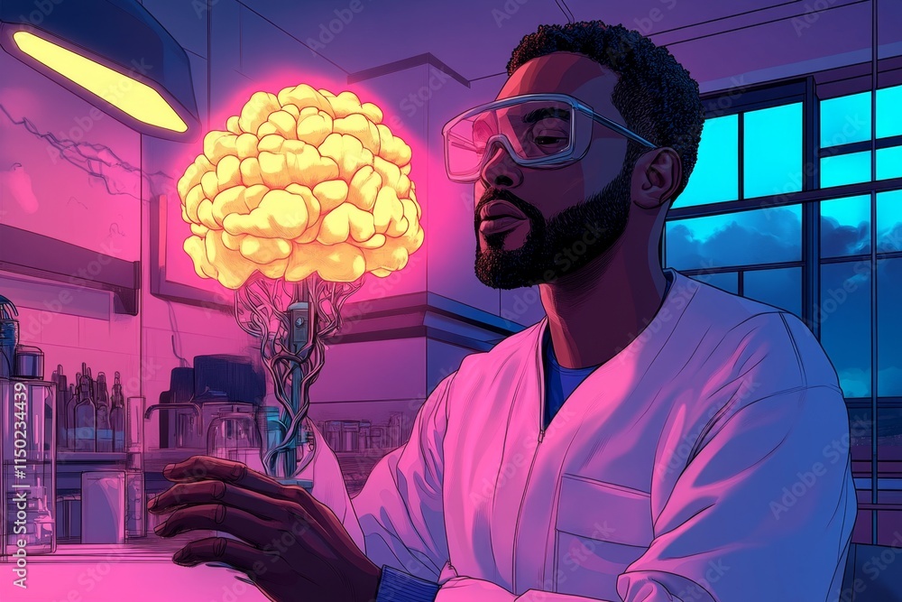 Poster a vibrant digital illustration of a future scientist interacting with a glowing ai entity in a lab f