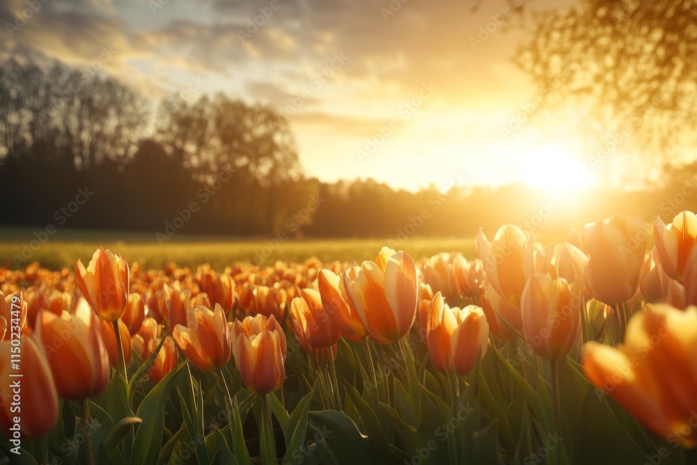 Wall mural Vibrant tulip field at sunset illuminating the sky and flowers with warm colors