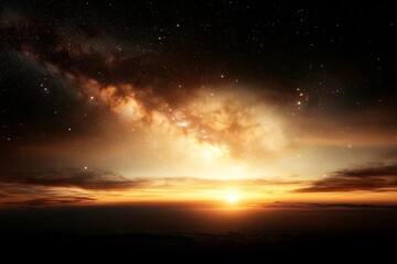 Stunning sunset over the horizon with a vibrant cosmic backdrop illuminating the night sky