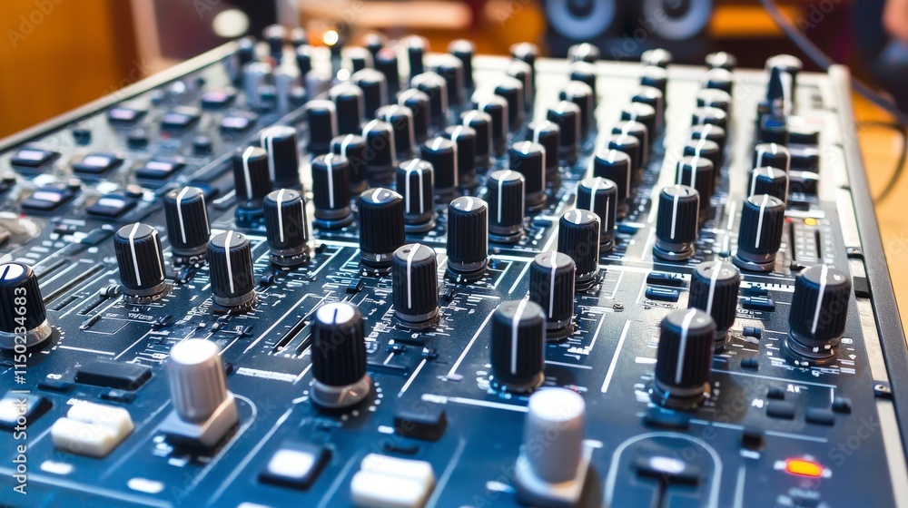 Poster dynamic audio mixer control studio environment electronic equipment close-up perspective mixing soun