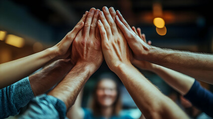 Macro Close Up of Hands in a Team High Five concept as A macro close up shot capturing the hands of a team high fiving in celebration. The image focuses on the energy and connection of teamwork perfec