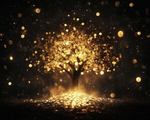 A glowing tree radiates golden light amidst a dark background, creating a magical and enchanting atmosphere.