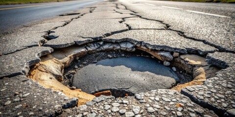Severe Road Damage A Detailed Close-Up of a Large Pothole and Extensive Cracking in Asphalt