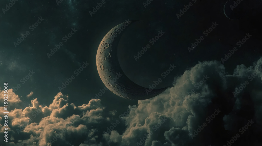 Poster large crescent moon rising above dark clouds in a starry night sky, creating a dramatic and mysterio