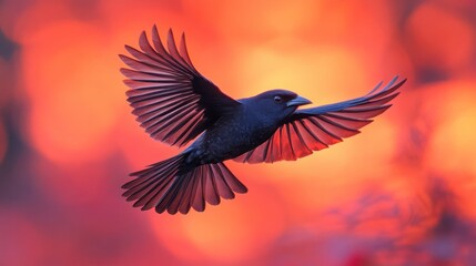 Obraz premium A dark bird in flight against a vibrant sunset.