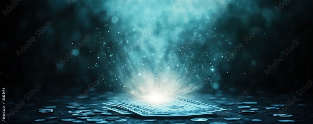 Poster a glowing light emerges from a surface, surrounded by ethereal particles, creating a mystical and en