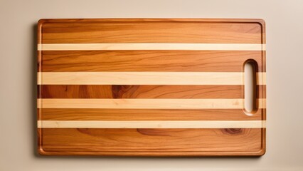 Natural wooden cutting board mockup with striped design and handle for food prep