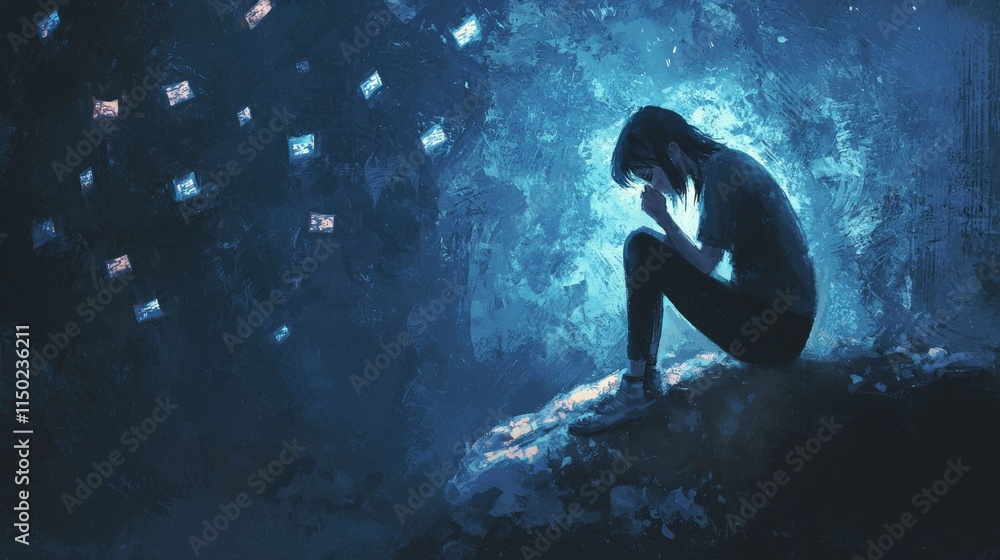 Poster isolated reflection of a person in a dreamlike setting emotional art dark environment contemplative 