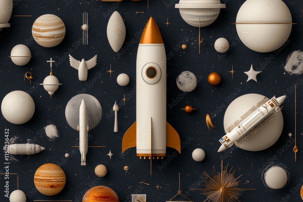 Poster colorful rocket and celestial objects arranged in a creative space-themed layout