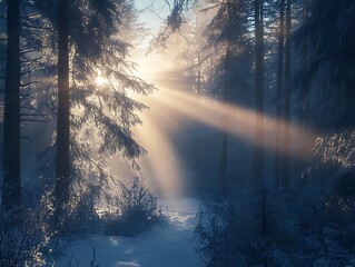 Early morning winter sunlight breaking through frosty branches in a dense forest