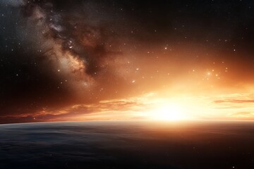 Stunning view of a sunrise on a distant planet against a backdrop of a vibrant galaxy
