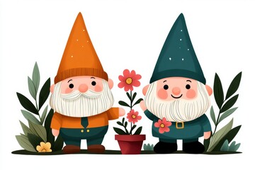 A whimsical 2D depiction of a gnome family planting flowers together in a lively garden, illustrated with soft pastel hues on a white backdrop