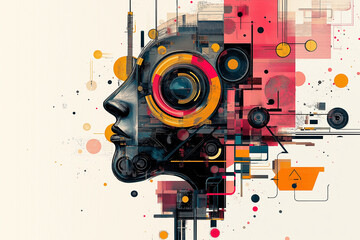 Fototapeta premium Futuristic robot with abstract geometric elements. Digital art collage. Design for poster, banner, social media. Future technology and futurism concept
