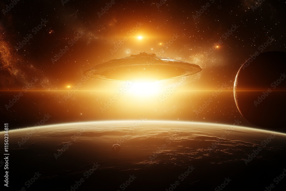 Poster mysterious spaceship hovering over a distant planet with a glowing sunset in the background