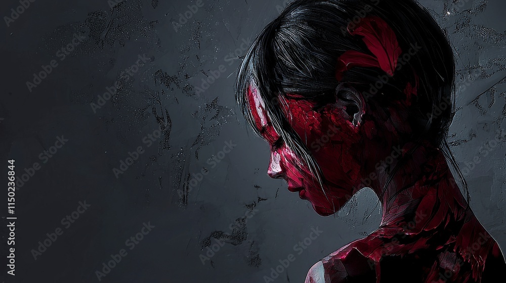 Aufkleber emotional woman in abstract style dark background digital art introspective side profile expression 