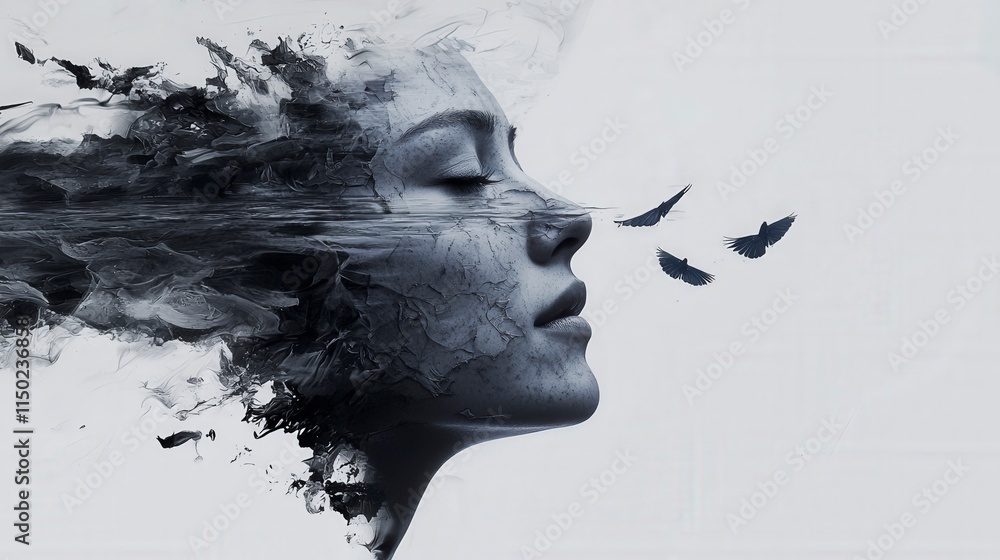 Poster Emotional release through art abstract representation digital creation surreal environment side view internal struggle