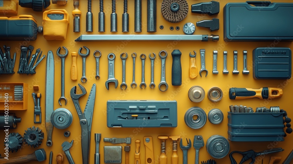 Poster flat lay of various tools and hardware on yellow background.