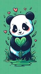 Naklejka premium Adorable Panda Bear Holding Heart-Shaped Plant, Illustrative Cartoon Style with Green Background