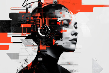 Futuristic robot with abstract geometric elements. Digital art collage. Design for poster, banner, social media. Future technology and futurism concept