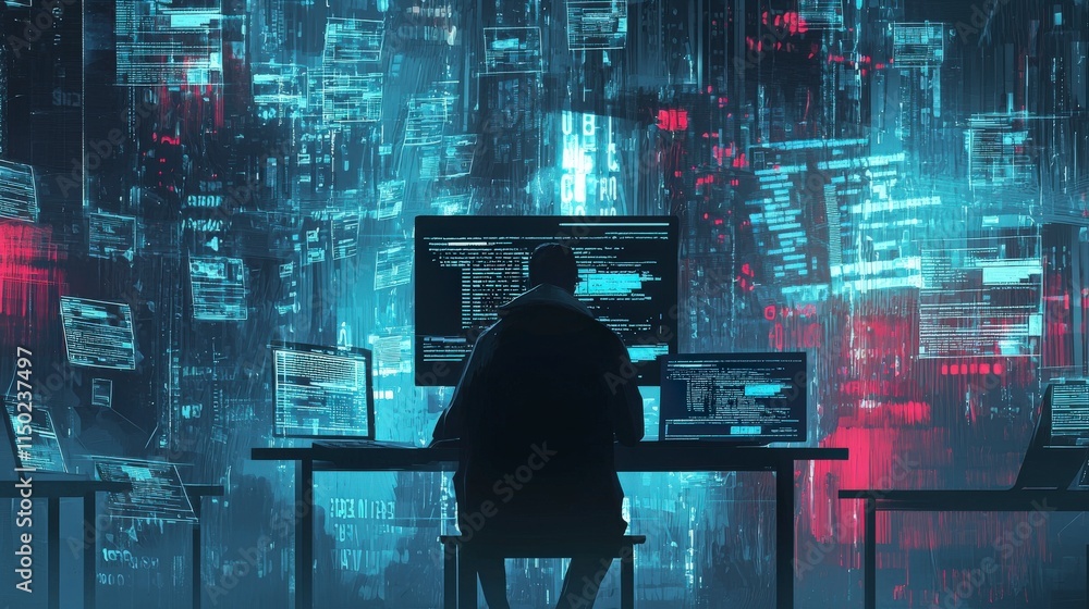 Poster Cybersecurity awareness action online platform digital illustration virtual environment user viewpoint secure concept