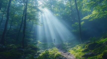 Fototapeta premium A serene forest scene with sunlight streaming through trees, creating a mystical atmosphere.