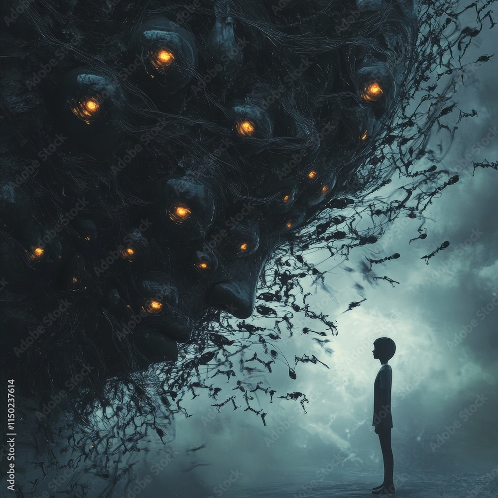 Poster digital character confronts ethereal face surreal landscape fantasy art dark atmosphere low angle se