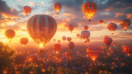 Fototapeta premium Sunset hot air balloons over illuminated town.