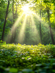 Fototapeta premium Sunlight filters through the trees in a lush forest setting at midday