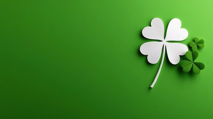 A vibrant green background features a large white four-leaf clover and a smaller green clover, symbolizing luck and fortune.