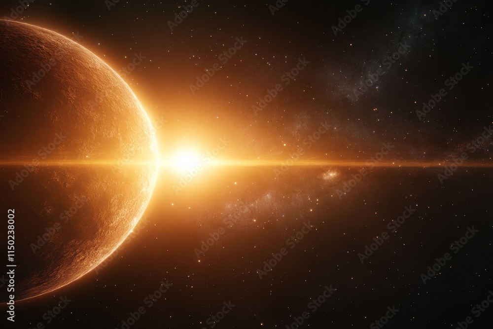 Aufkleber celestial view of a planet with a sunburst illuminating the cosmos at dusk