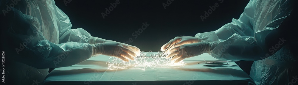 Poster two hands interacting with a glowing interface in a dark setting.