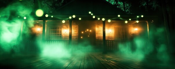 Obraz premium A mysterious cabin shrouded in green fog, illuminated by warm lights, evoking an eerie yet inviting atmosphere.