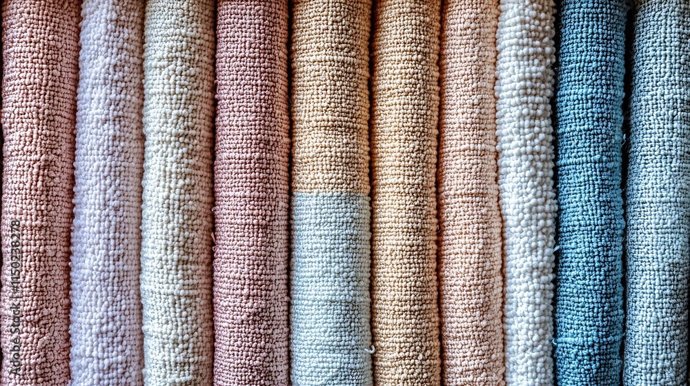 Poster assorted multicolored textured fabric patterns displaying soft textile variety : generative ai