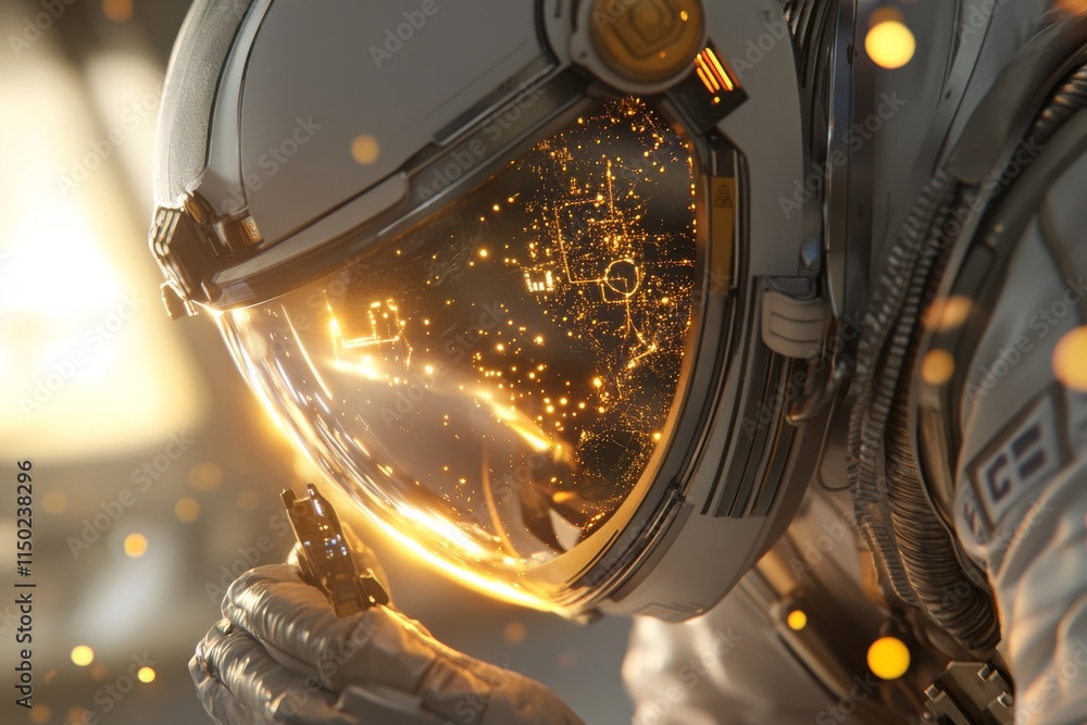 Poster exploration of distant worlds by an astronaut with a reflective visor in a futuristic environment