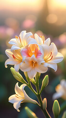 Fototapeta premium A stunning close-up of beautiful Alstroemerias flowers bathed in gentle morning light. Created with generative AI 
