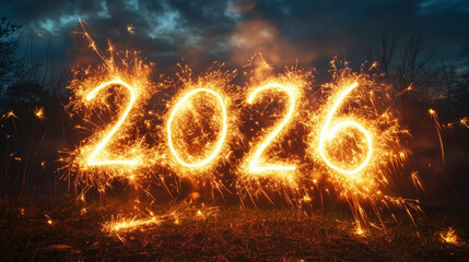 Fireworks forming the word 2026 in the night sky.