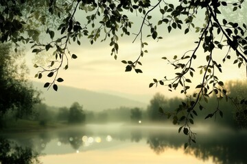 Fototapeta premium Tranquil morning at a riverbank surrounded by lush foliage and misty hills in early sunrise light