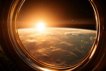Sunrise over Earth as viewed from space through a spacecraft window during early morning hours