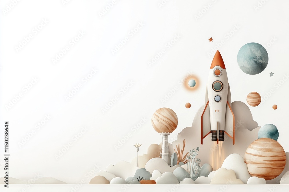 Poster rocket launching in a minimalist space theme with planets and clouds in a serene setting